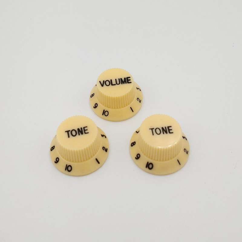 Cream with Black Writing Strat style replacement knob set - 1 Volume, 2 tone