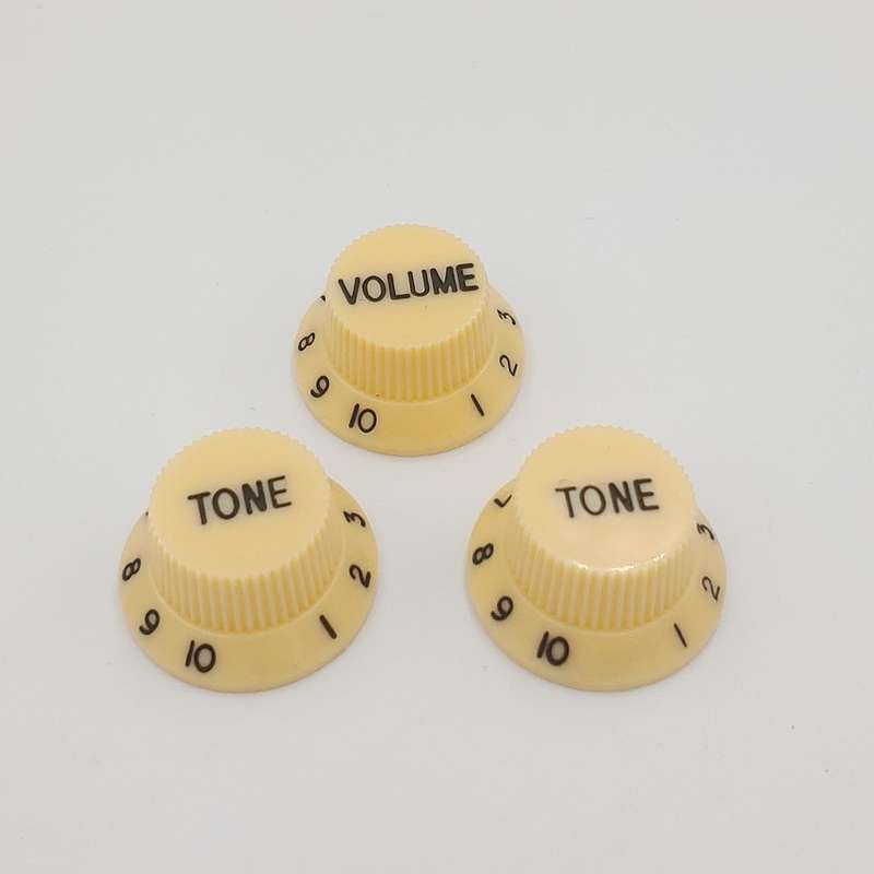Cream with Black Writing Strat style replacement knob set - 1 Volume, 2 tone