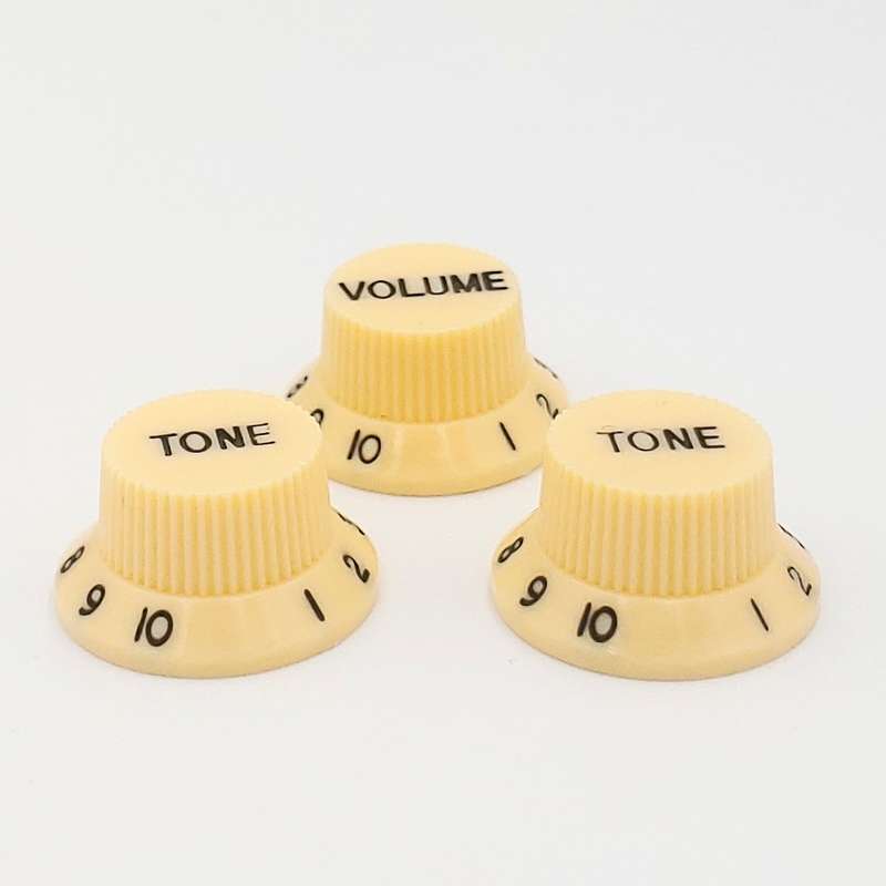 Cream with Black Writing Strat style replacement knob set - 1 Volume, 2 tone