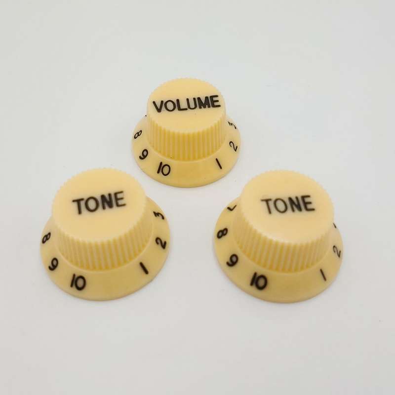 Cream with Black Writing Strat style replacement knob set - 1 Volume, 2 tone