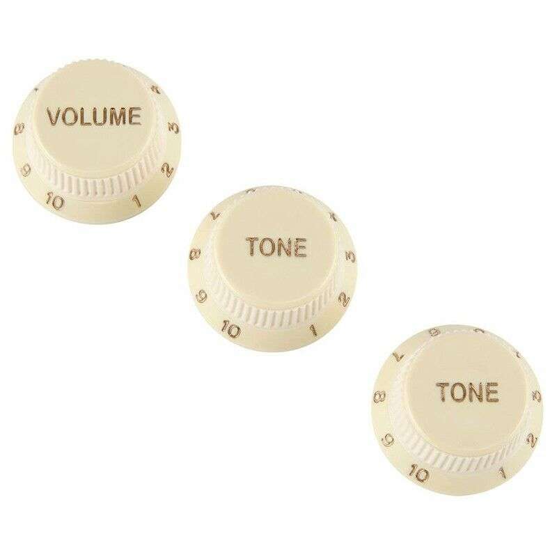 Vintage White with Gold Writing Strat style replacement knob set - 1 Volume, 2 tone
