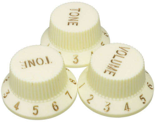 Vintage White with Gold Writing Strat style replacement knob set - 1 Volume, 2 tone