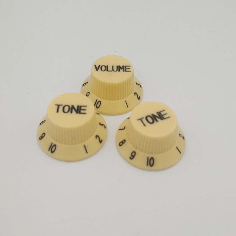 Ivory with Black Writing Strat style replacement knob set - 1 Volume, 2 tone
