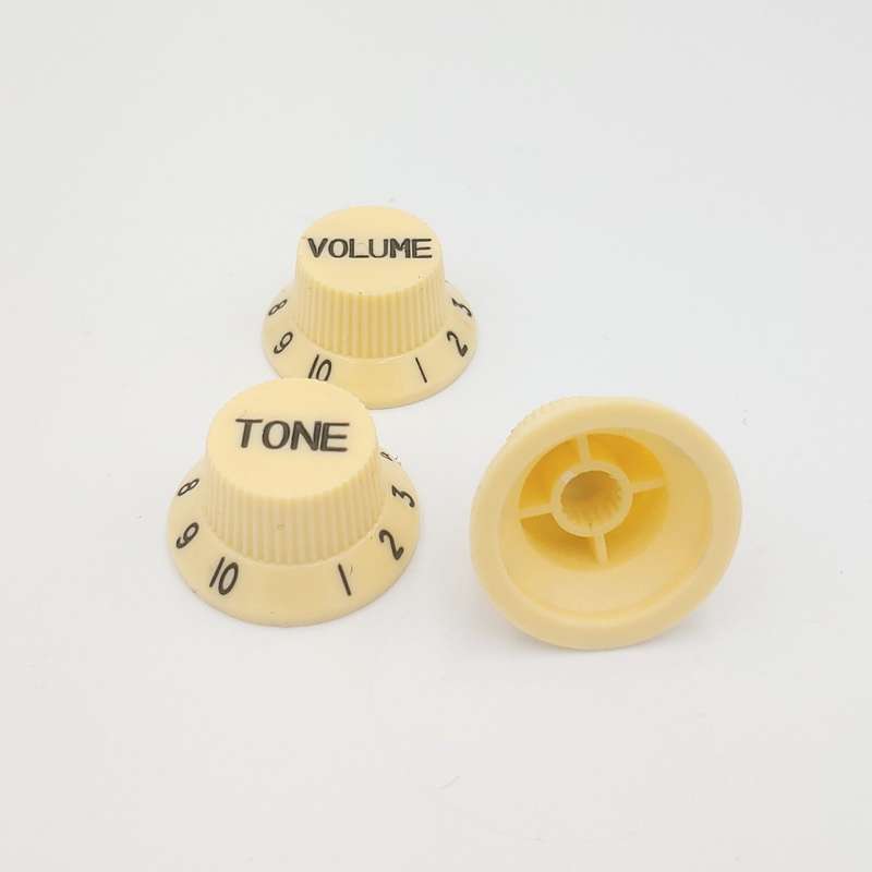Ivory with Black Writing Strat style replacement knob set - 1 Volume, 2 tone
