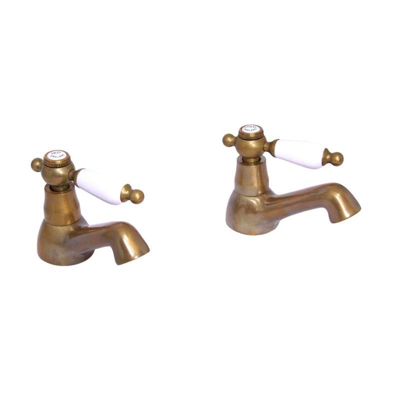 Antique Brass bath pillar taps white lever (pr)