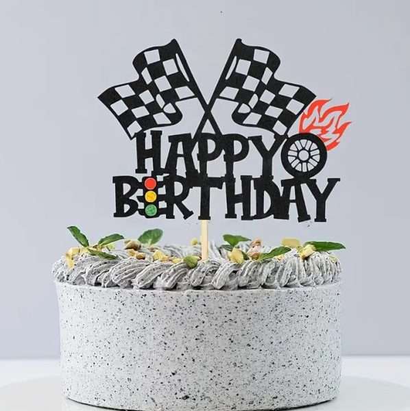 Racing Car Birthday Cake Topper with Checkered Flag & Flame
