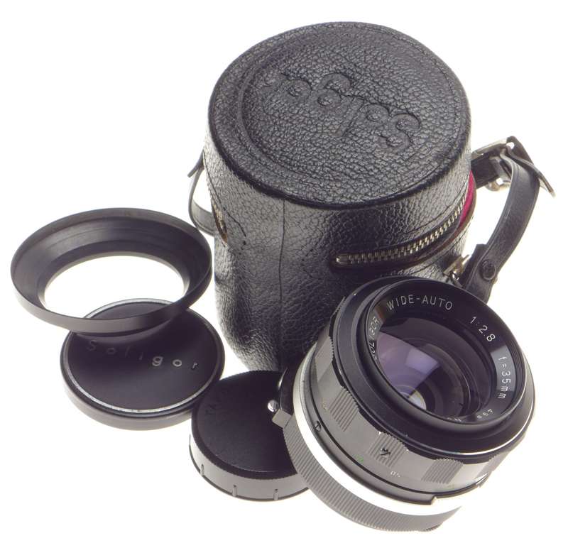 Soligor Wide-Auto 1:2.8 f=35mm 49mm filter lens hood caps case SLR