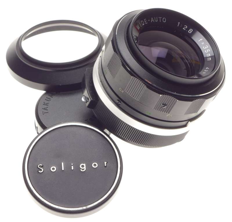Soligor Wide-Auto 1:2.8 f=35mm 49mm filter lens hood caps case SLR