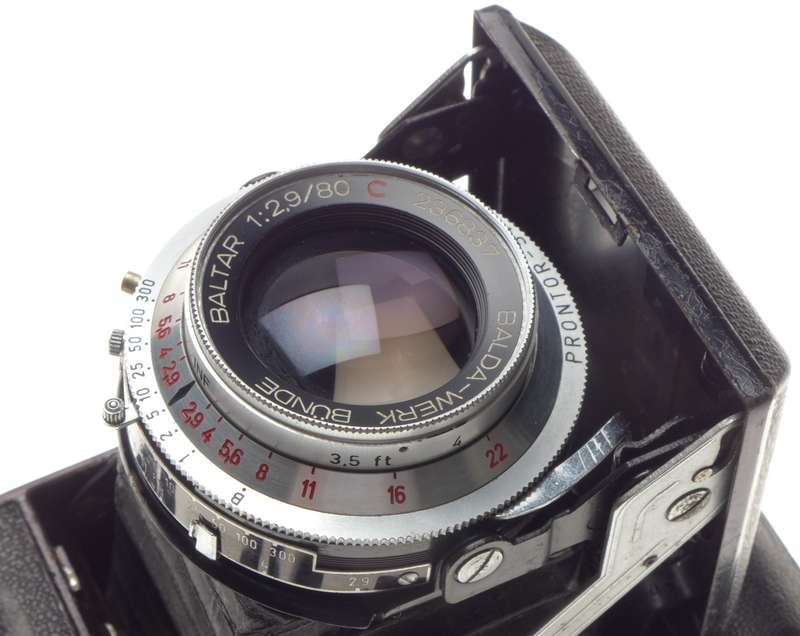 Balda folding vintage film camera Baltar 2.9/80mm leather case