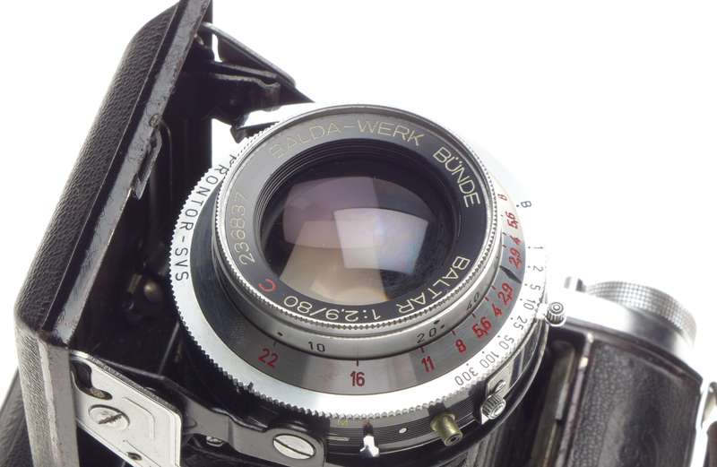 Balda folding vintage film camera Baltar 2.9/80mm leather case