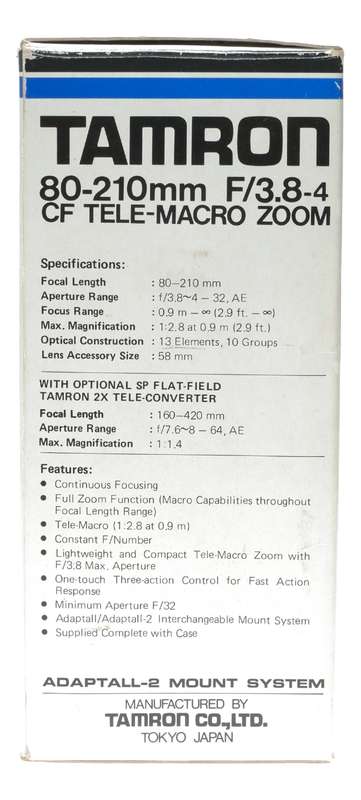 Tamron 80-210mm F3.8-4 CF Tele-Macro Zoom Lens Adaptall-2 103-A