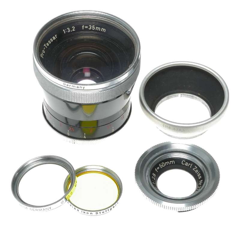 Zeiss Pro-Tessar 3.2/35mm Contaflex Lens 2.8/50 Hood A28.5 Filters