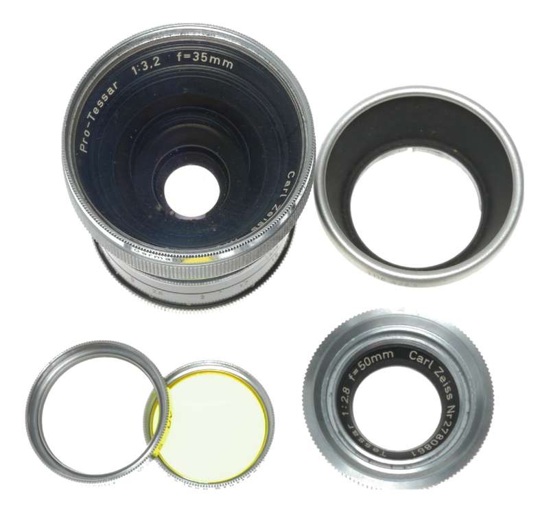 Zeiss Pro-Tessar 3.2/35mm Contaflex Lens 2.8/50 Hood A28.5 Filters