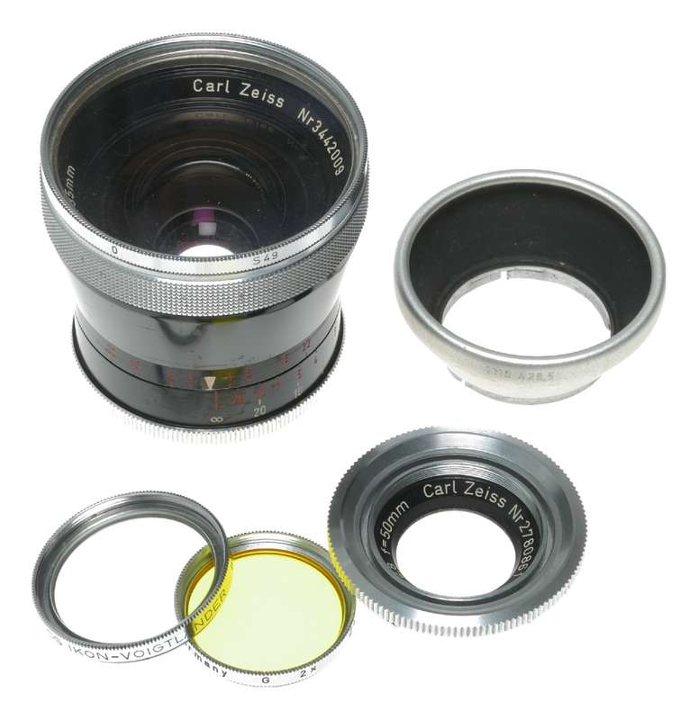 Zeiss Pro-Tessar 3.2/35mm Contaflex Lens 2.8/50 Hood A28.5 Filters