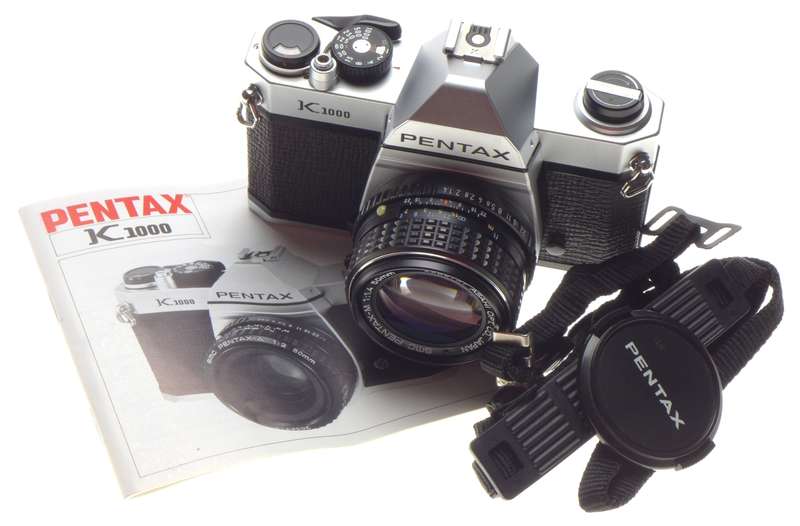 K1000 PENTAX chrome SLR 35mm vintage film camera with SMC-Pentax-M 1:1.4 f=50mm Fast lens - Pentax