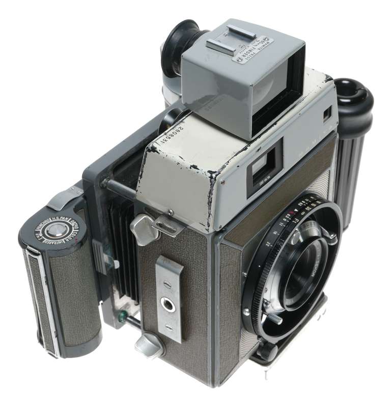 Mamiya-Press 23 Camera 6x9 format 6.3/65mm grip and viewfinder