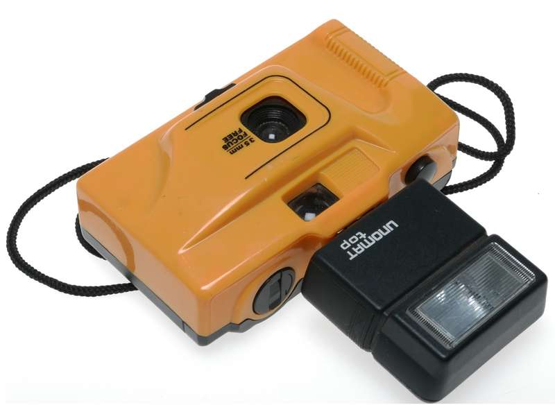 Yellow 35mm point and shoot focus free vintage film camera with flash