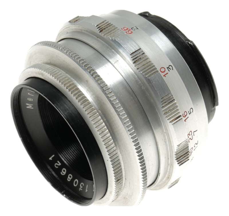 Meritar 2.9/50 chrome Bayonet mount SLR camera lens f/2.9