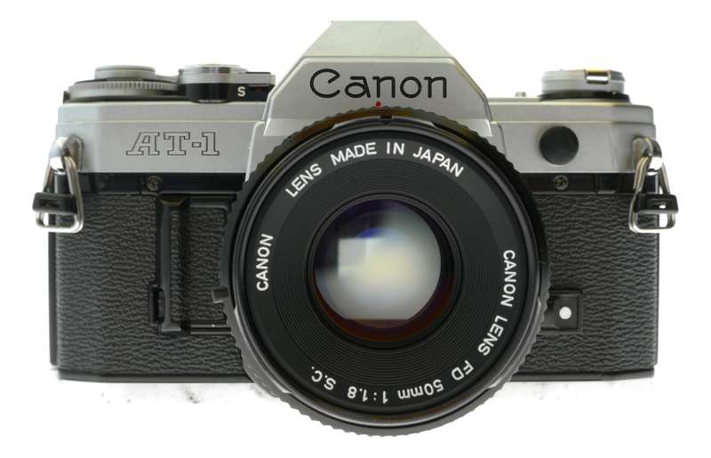 Canon AT-1 35mm film SLR camera FD 1:1.8 50mm lens filter cap shade hood