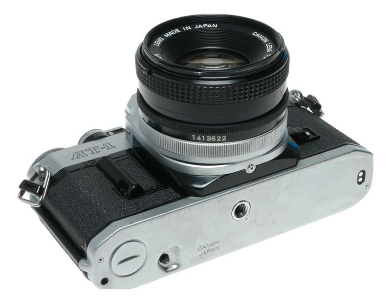 Canon AT-1 35mm film SLR camera FD 1:1.8 50mm lens filter cap shade hood