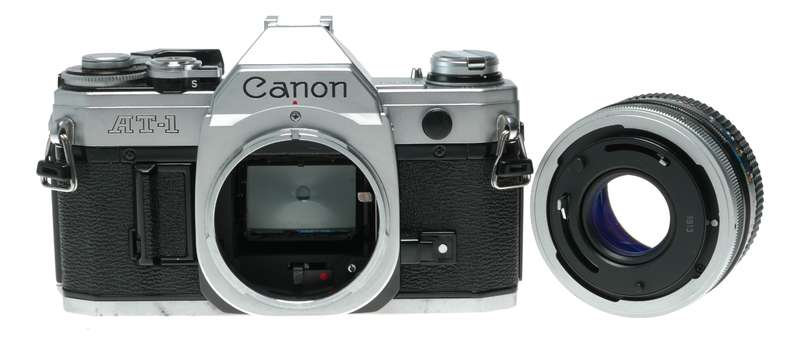 Canon AT-1 35mm film SLR camera FD 1:1.8 50mm lens filter cap shade hood