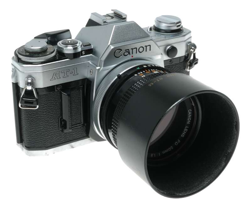Canon AT-1 35mm film SLR camera FD 1:1.8 50mm lens filter cap shade hood