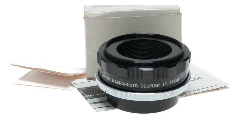 Canon Macrophoto Coupler FL 55mm camera lens reversing ring in box with papers