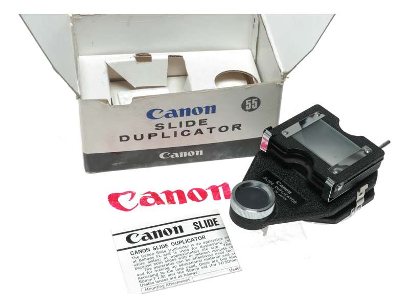 Canon Slide Duplicator 55 FL/FD camera bellows accessory in box with instructions