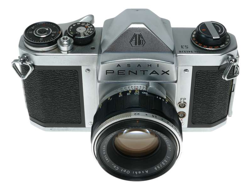 Pentax S3 35mm film SLR camera Auto Takumar 2.5/55 shade hood leather half case
