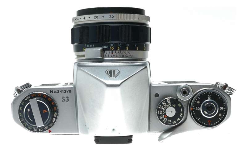 Pentax S3 35mm film SLR camera Auto Takumar 2.5/55 shade hood leather half case