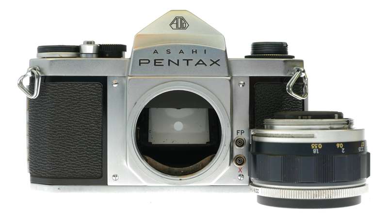 Pentax S3 35mm film SLR camera Auto Takumar 2.5/55 shade hood leather half case