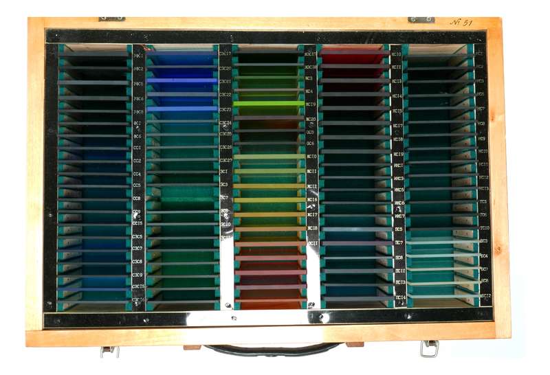 Russian Optics Set of 8x8cm Coloured Optical Glass Samples in Wood Case