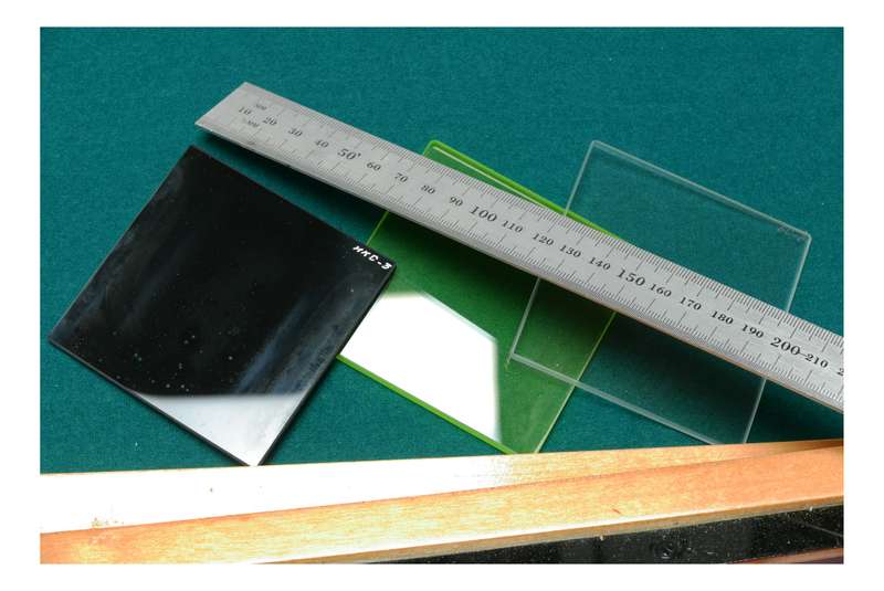 Russian Optics Set of 8x8cm Coloured Optical Glass Samples in Wood Case