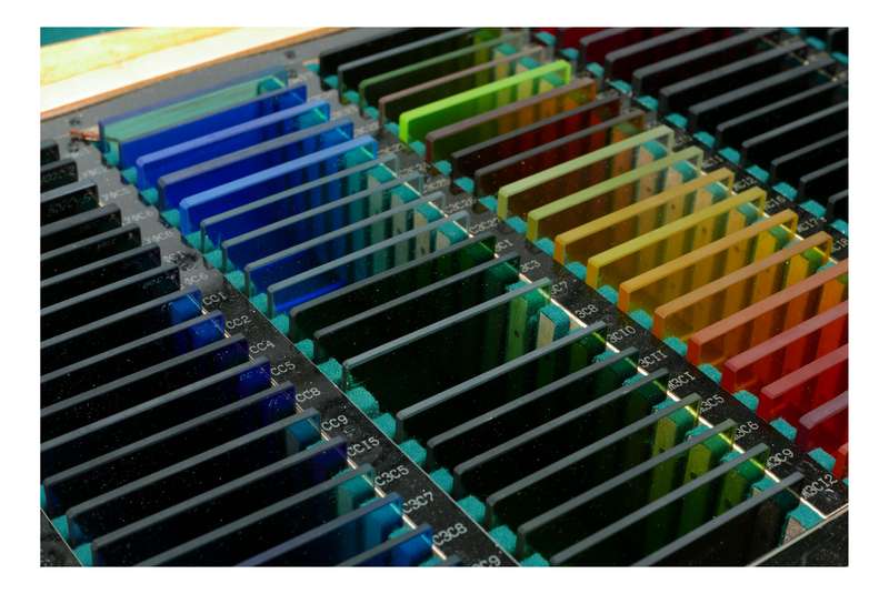 Russian Optics Set of 8x8cm Coloured Optical Glass Samples in Wood Case