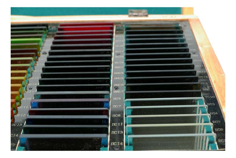 Russian Optics Set of 8x8cm Coloured Optical Glass Samples in Wood Case