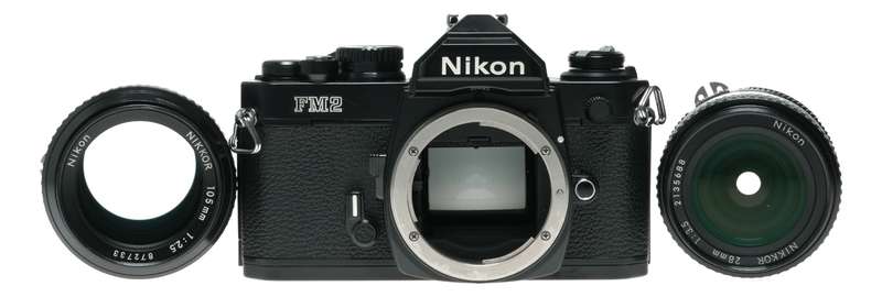 Nikon FM2 Black SLR Camera 1:3.5/28 Nikkor 1:2.5/105 Lenses Caps Filters
