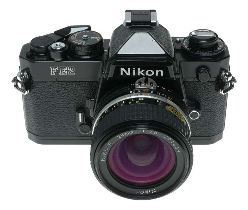 Nikon FM2 SLR Black Film Camera 1:2.8/28 Nikkor 1:2.5/105 Lenses Caps