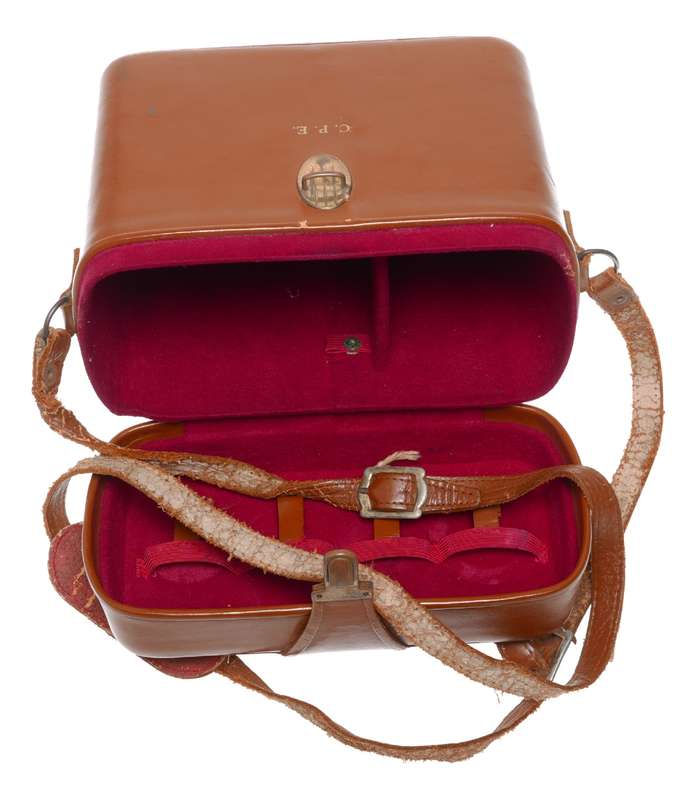 CPE Movie picture vintage film camera antique tan leather case shoulder strap