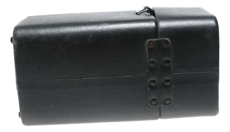 Large black vintage film camera lens antique leather case