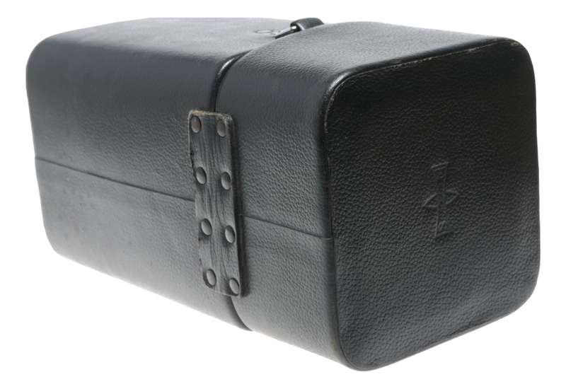 Large black vintage film camera lens antique leather case