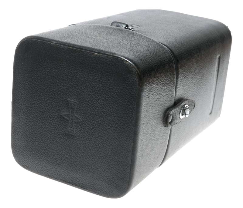 Large black vintage film camera lens antique leather case