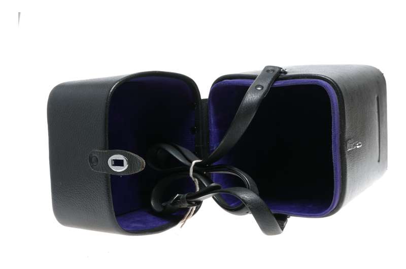 Large black vintage film camera lens antique leather case