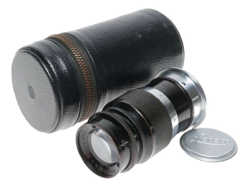Elmar f=9cm 1:4 black Leitz Wetzlar black silver M39 screw mount lens