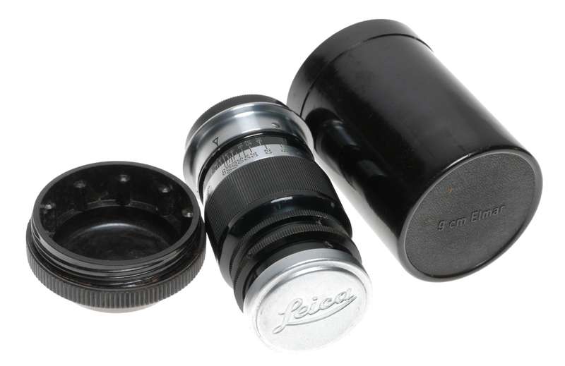 Elmar 4/90mm portrait lens bakelite keeper rare f=9cm Black Paint caps