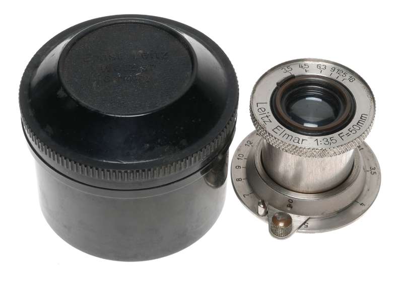 Leitz Elmar 1:3.5 F=50mm SM Leica camera lens rare in bakelite keeper