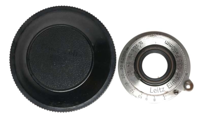 Leitz Elmar 1:3.5 F=50mm SM Leica camera lens rare in bakelite keeper