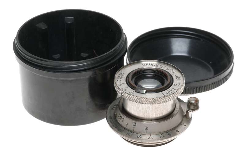 Leitz Elmar 1:3.5 F=50mm SM Leica camera lens rare in bakelite keeper