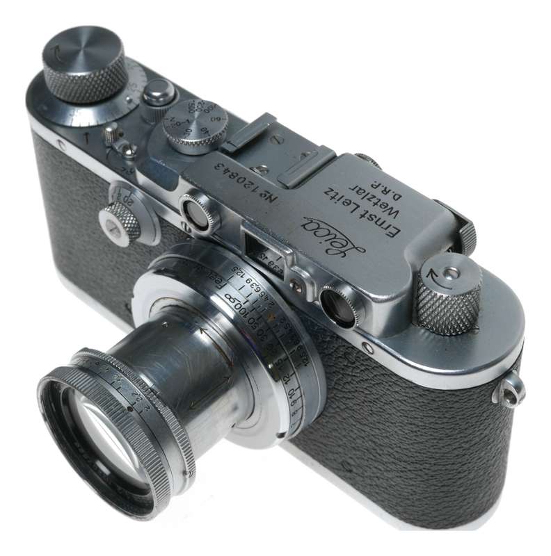 Leica IIIf 35mm film camera with Summar 5cm 1:2 lens case cap