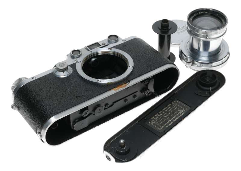Leica IIIf 35mm film camera with Summar 5cm 1:2 lens case cap