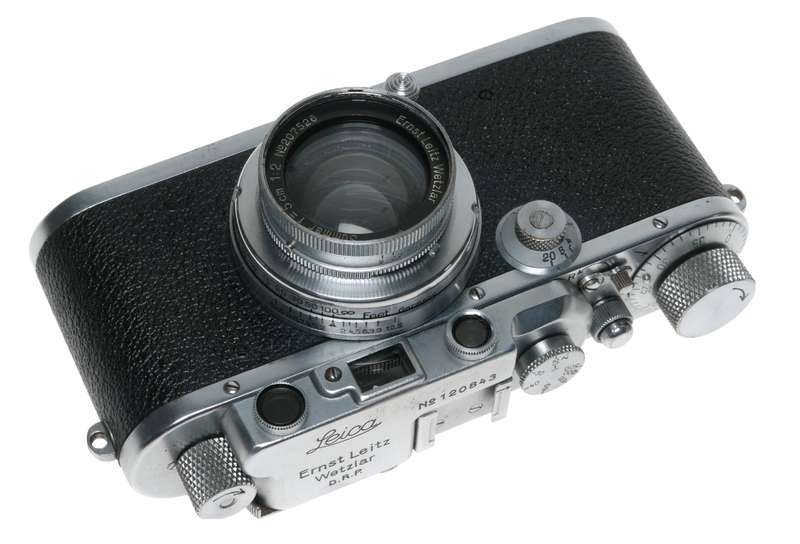 Leica IIIf 35mm film camera with Summar 5cm 1:2 lens case cap